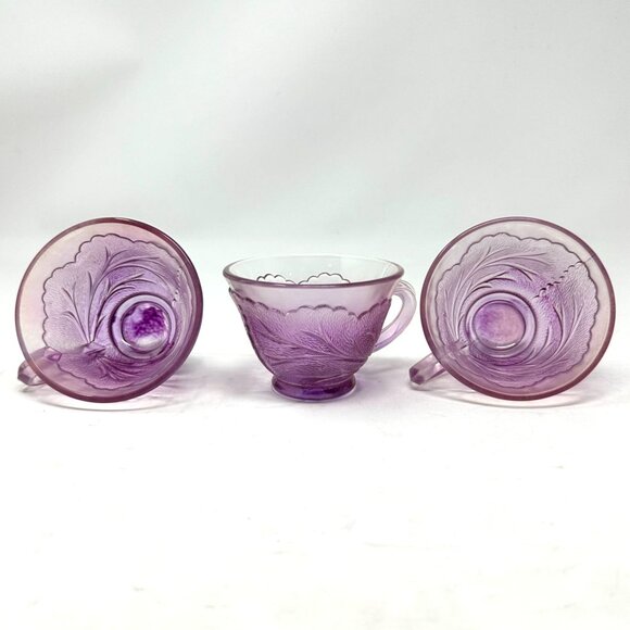 Vintage Indiana Glass Pebble Leaf Tea Cups Pink Floral Pressed 3pc Set - Picture 16 of 16